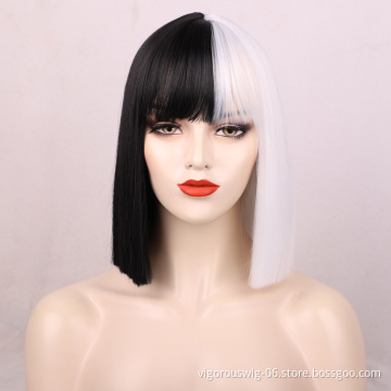 Short straight Bob Wigs Bangs Women Synthetic Wig Shoulder Length Black half White Hair Girl's Colorful Hair Halloween Cosplay